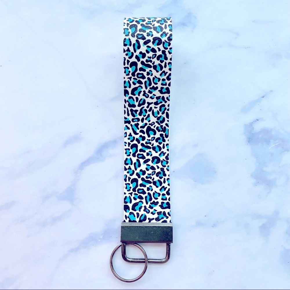 Teal leopard print keychain vegan leather